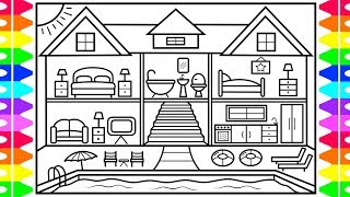 How to Draw a House with a Swimming Pool ❤️???House with a Pool Drawing and Coloring Page