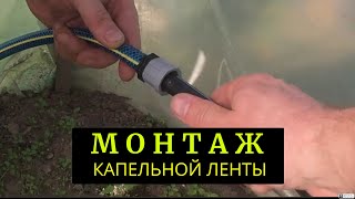 Монтаж капельного полива в небольшом парнике. Соединение капельной ленты с шлангом переходниками.