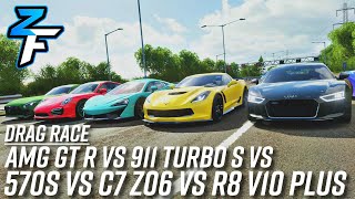 AMG GT R vs 911 Turbo S vs 570S vs Corvette C7 Z06 vs Audi R8 V10 plus Drag Race! | Forza Horizon 4