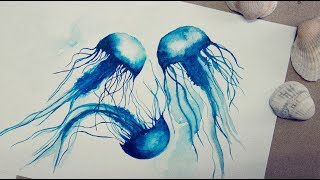Как нарисовать медузу акварелью. Акварельная иллюстрация для стока / watercolor sketch jellyfish