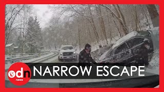 Near Miss! Ambulance Crew have Lucky Escape After Truck Slides into their Vehicle