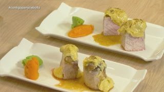 Receta de lomo de cerdo con puré de zanahoria y guisantes