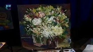 Уроки рисования (№ 105) масляными красками. Рисуем белые цветы на чёрном холсте