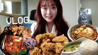 [배란기 먹방] 쭈꾸미볶음x염통구이x계란반숙/ 뿌링클x마스카포네 크레페/ 똠양꿍 쌀국수x그린 코코넛커리 (ft. 인터뷰, 회식, 운동하고 하이볼로 시작해서 소주로 끝나는 브이로그)