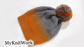 Шапка узором из лицевых и изнаночных петель. Вязание спицами.