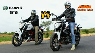 2017 KTM Duke 250 vs Benelli TNT25| drag race and exhaust note.