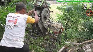 Two Wheel Hand Tractor Walking Down On Extreme Steep Slope