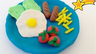 Как лепить еду из пластилина яичницу с колбасками, картошка фри и помидоры.