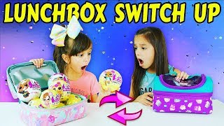 The LUNCHBOX SWITCH UP Challenge! LOL Surprise Toys vs Real Food | Emily and Evelyn