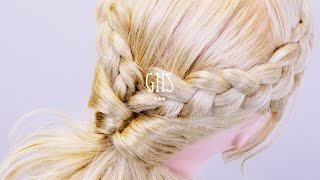 編み込みくるりんぱポニーテールヘアアレンジ