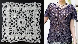 Ажурный квадратный мотив для кофточки крючком. мк.