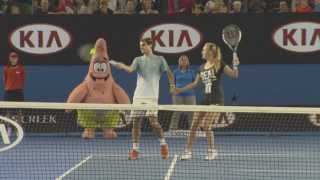 Federer, Azarenka, Stosur & Bouchard holding hands doubles - 2014 Australian Open