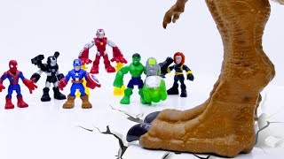 Power Rangers & Marvel Avengers Toys Pretend Play | GIANT T-REX Attack Superhero