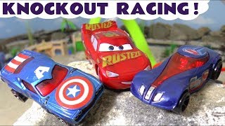 Hot Wheels Race Off between Marvel Avengers 4 and DC Comics Superheroes with Pixar Cars 2 McQueen