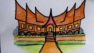 belajar menggambar rumah adat minangkabau untuk anak SD