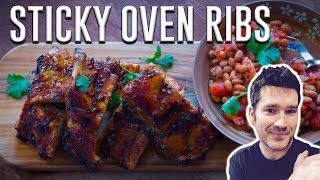 Sticky Oven Ribs with Cowboy Beans