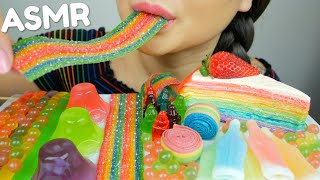 ASMR Rainbow Crepe cake, Wax bottles, Noodle Jelly, Gummy & Rainbow Candy *No Talking | N.E ASMR