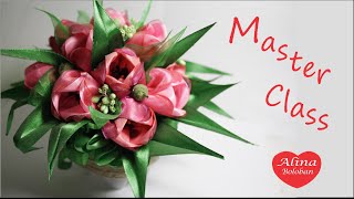 Тюльпаны из Лент Подарочный Горшочек с Цветами / Satin ribbon flowers. DIY