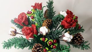 Мастер класс Новогодняя композиция из бисера часть 2. Хвойные веточки. Сборка розы..