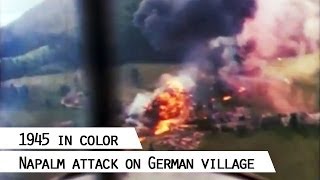 Airstrike with incendiary bombs during World War II, Germany 1945 (in color)