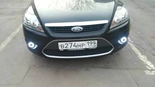 ПТФ с ДХО Ангельские глазки для Ford Focus 2. Линзованные противотуманные фары Форд Фокус 2