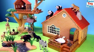 Toy Animals in the Wildlife cabin and treehouse - Fun Animal Toys For Kids