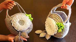 ВЯЗАНАЯ СУМКА С ЦВЕТКОМ ИЗ ЛЕНТ | Канзаши Мастер -Класс | Вязание крючком | Вязание для детей