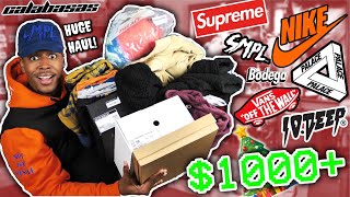 HUGE HYPEBEAST XMAS CLOTHING & SNEAKER HAUL! $1000+ IN SUPREME, NIKE, PALACE, YEEZY CALABASAS & MORE
