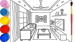 Phòng khách cho bé vẽ và tô màu | Dạy bé vẽ| Dạy bé tô màu| Glitter Living Room Drawing and Coloring