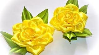 ЦВЕТЫ из лент СВОИМИ РУКАМИ / РОЗА из атласных лент с листочками МК