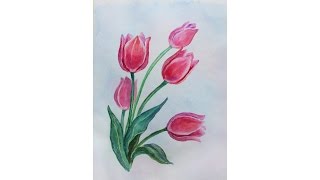 Уроки рисования. Как нарисовать ТЮЛЬПАНЫ букет к 8 МАРТА  how to draw tulip flower | Art School