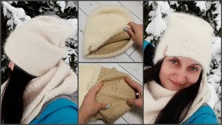 Двойная пушистая шапка бини из ангоры. Мастер-класс. Вязание спицами