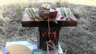 Salt Slab Reverse Sear New York Steak Over A Wood Fired Firebox Stove.