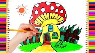 How to Draw Mushrooms House for Kids