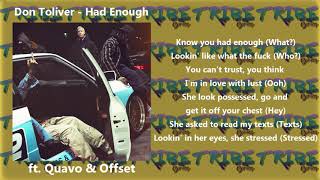 Don Toliver Had Enough ft. Quavo & Offset (Lyrics)