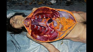 Autopsy study: step by step Oil painting of Asian young woman corpse, after committing a suicide.