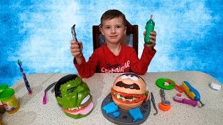 ПЛЕЙ ДО МИСТЕР ЗУБАСТИК И ЗУБАСТИК  ХАЛК. ЛЕЧИМ ЗУБЫ Play Doh