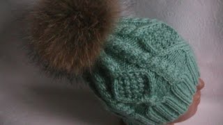 Вязание шапки узором с  ромбами .Knitting caps with rhombus pattern.