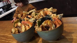 【 天丼８点盛り 】 家族ごはん作る。Dinner scenery of Japanese family