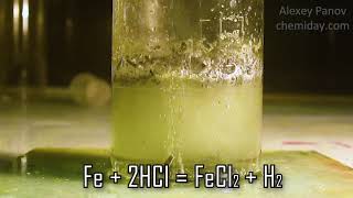 Fe + 2HCl → FeCl2 + H2 |  Реакция взаимодействия железа и хлороводорода