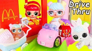 LOL Surprise Dolls Custom Lil Sisters visit McDonalds Drive Thru in Barbie Car