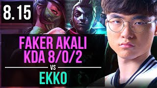SKT T1 Faker - AKALI vs EKKO (MID) ~ KDA 8/0/2, Legendary ~ Korea Challenger ~ Patch 8.15