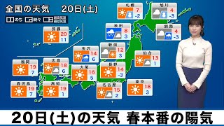 2月20日(土)の天気　北日本は雨や雪に、西日本と東日本は春本番の陽気