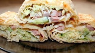 Рулет из лаваша с копченой курицей и сыром. Рецепт лаваша с курицей, колбасным сыром и огурцами.