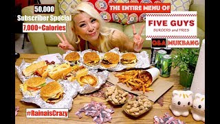 ENTIRE MENU OF FIVE GUYS Q&A MUKBANG | 50,000 SUBSCRIBER SPECIAL |OVER 7,000 CALORIES| RAINAISCRAZY