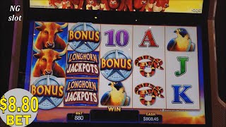 ★$8.80 Max Bet ★Longhorn Jackpots Slot Machine Bonus Won & Big Win Line Hit |Progressive Pick Bonus