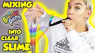 MIXING RAINBOW BLENDY PENS INTO CLEAR SLIME! SUPER SATISYING ASMR | NICOLE SKYES