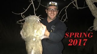 Catching Big Flathead Catfish, Kansas Flooded River 2017