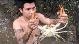Primitive Technology with Survival Skills looking Crab and Frog for food