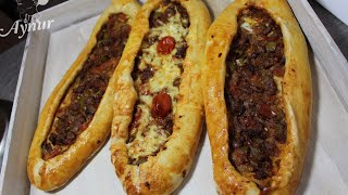 Ev yapimi Etli pide Tarifi# Etli pide nasil yapilir-Türkische Pide mit Fleisch#Ətli pide